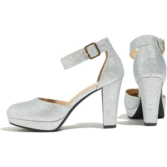 Women's High Block Heels Pumps Round Closed Toe Ankle Strap Wedding Dress Shoes - Picture 2 of 6